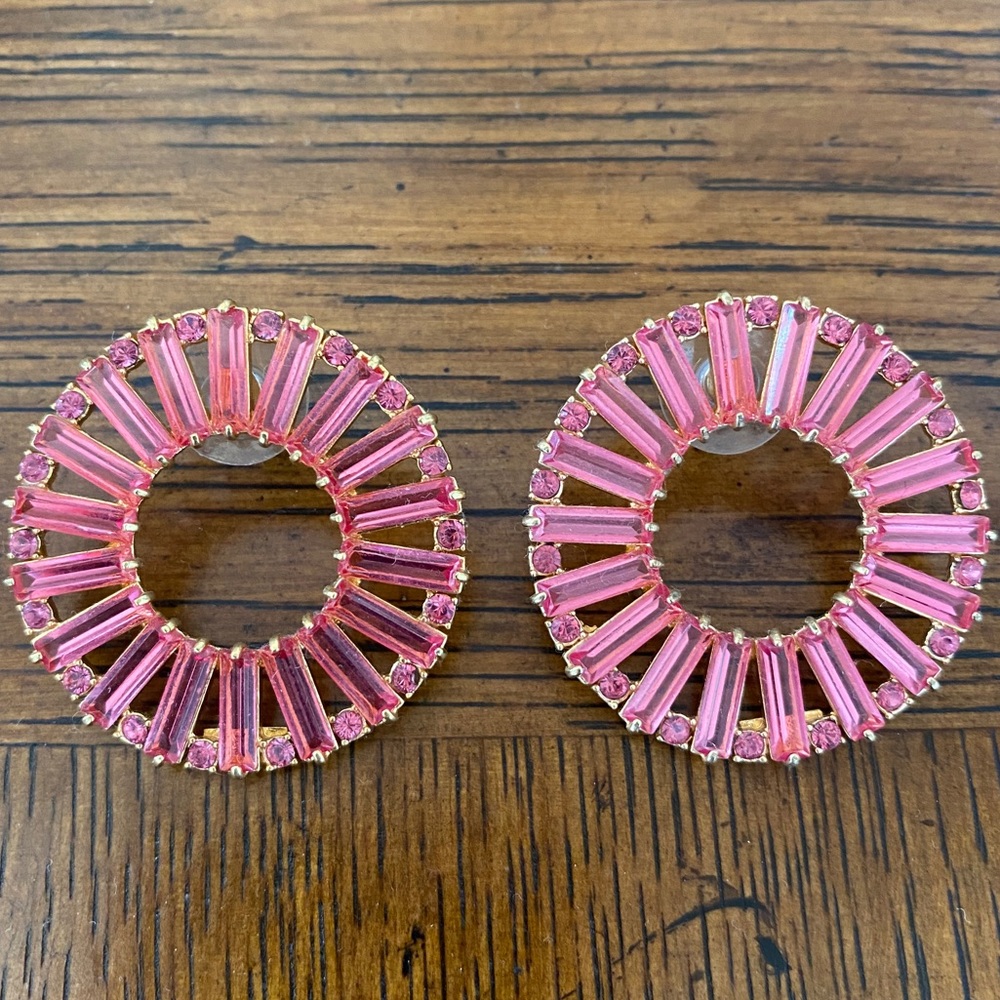 J. Crew Pink Baguette Crystal Disc Hoop Earrings
